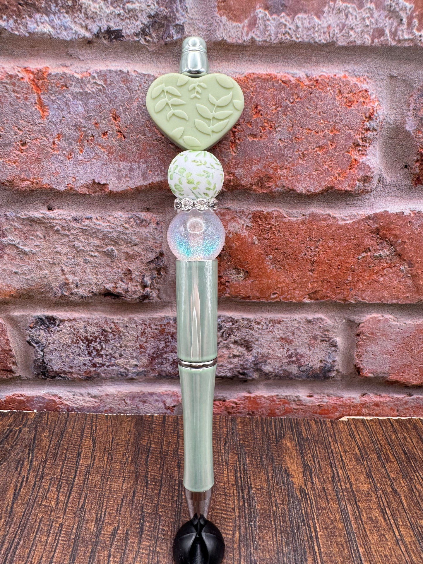 Sage green floral heart pen